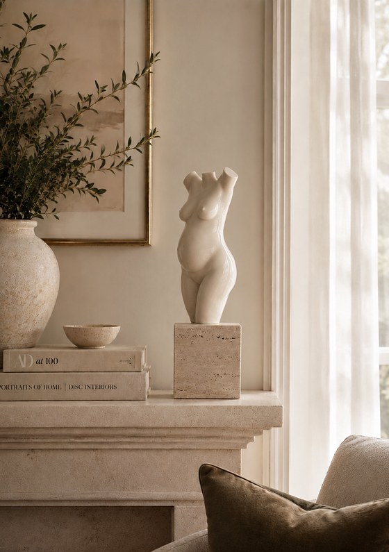 A commissioned torso sculpture in ivory lacquer, detail.