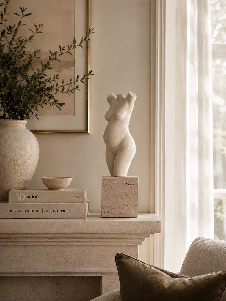 A commissioned torso sculpture in ivory lacquer on a travertine plinth, on a mantel beside a sunlit window.